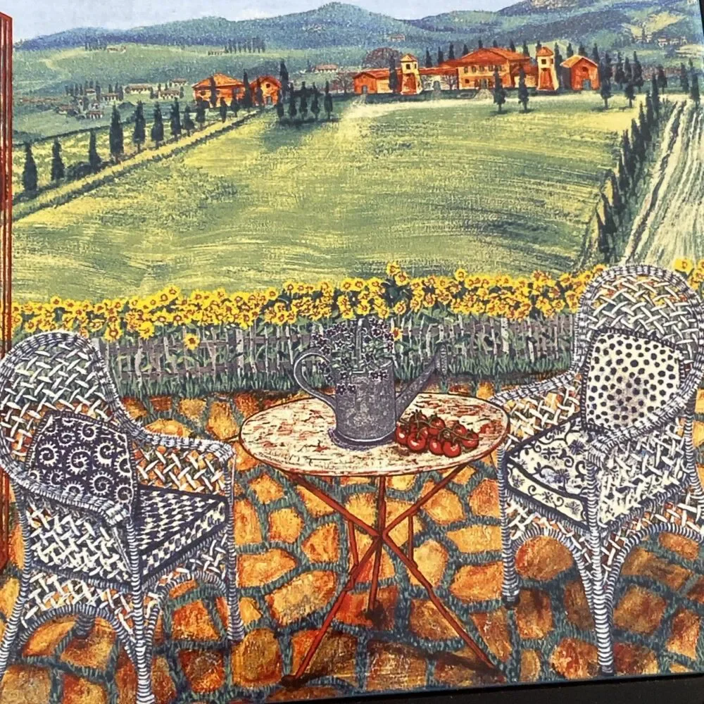 Sarina Framed Ceramic Tile Art 8x8 Tuscany Italy Vineyard Patio Bistro Chair